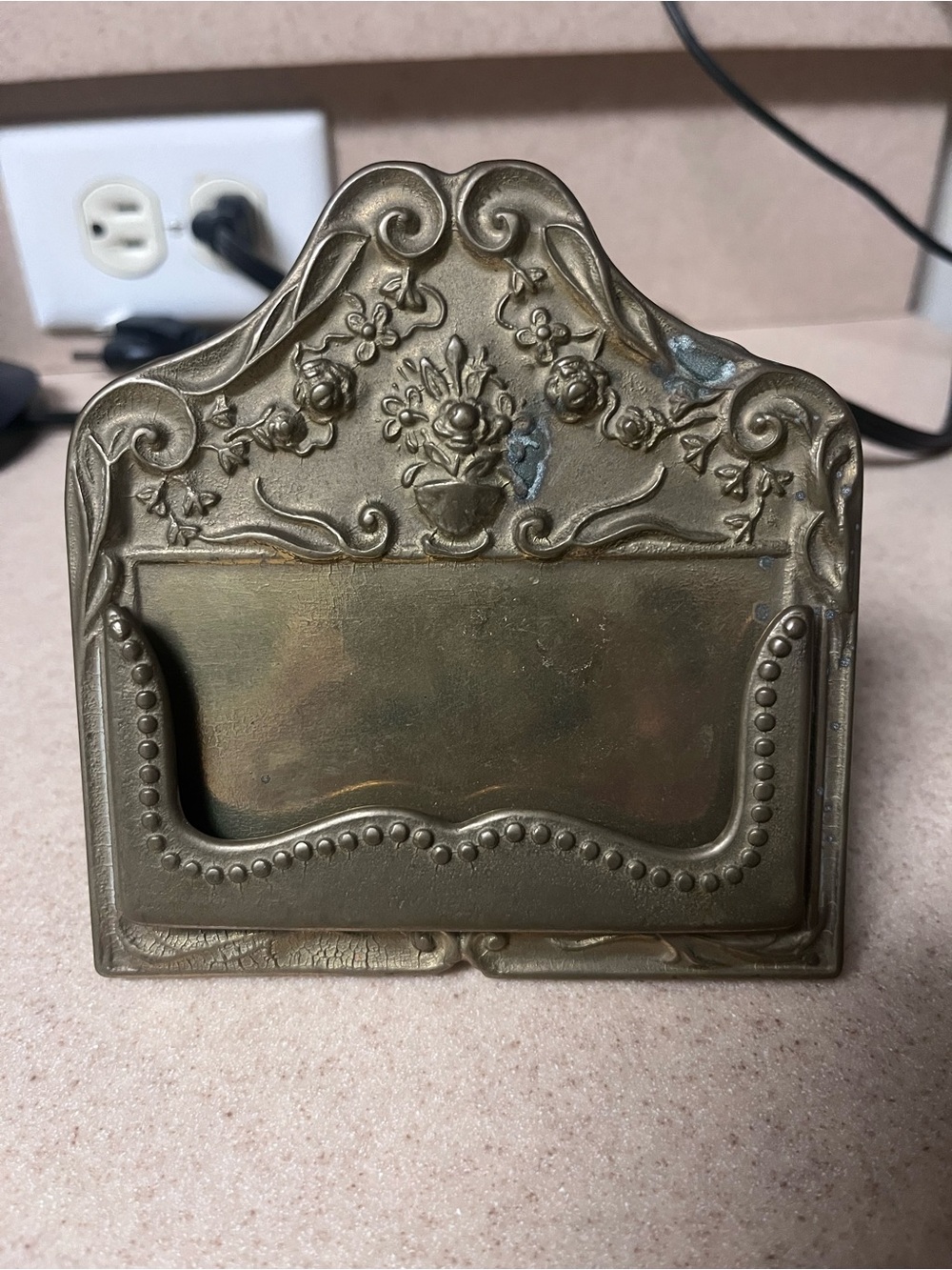 vintage Floral brass business card holder / stand with easel back